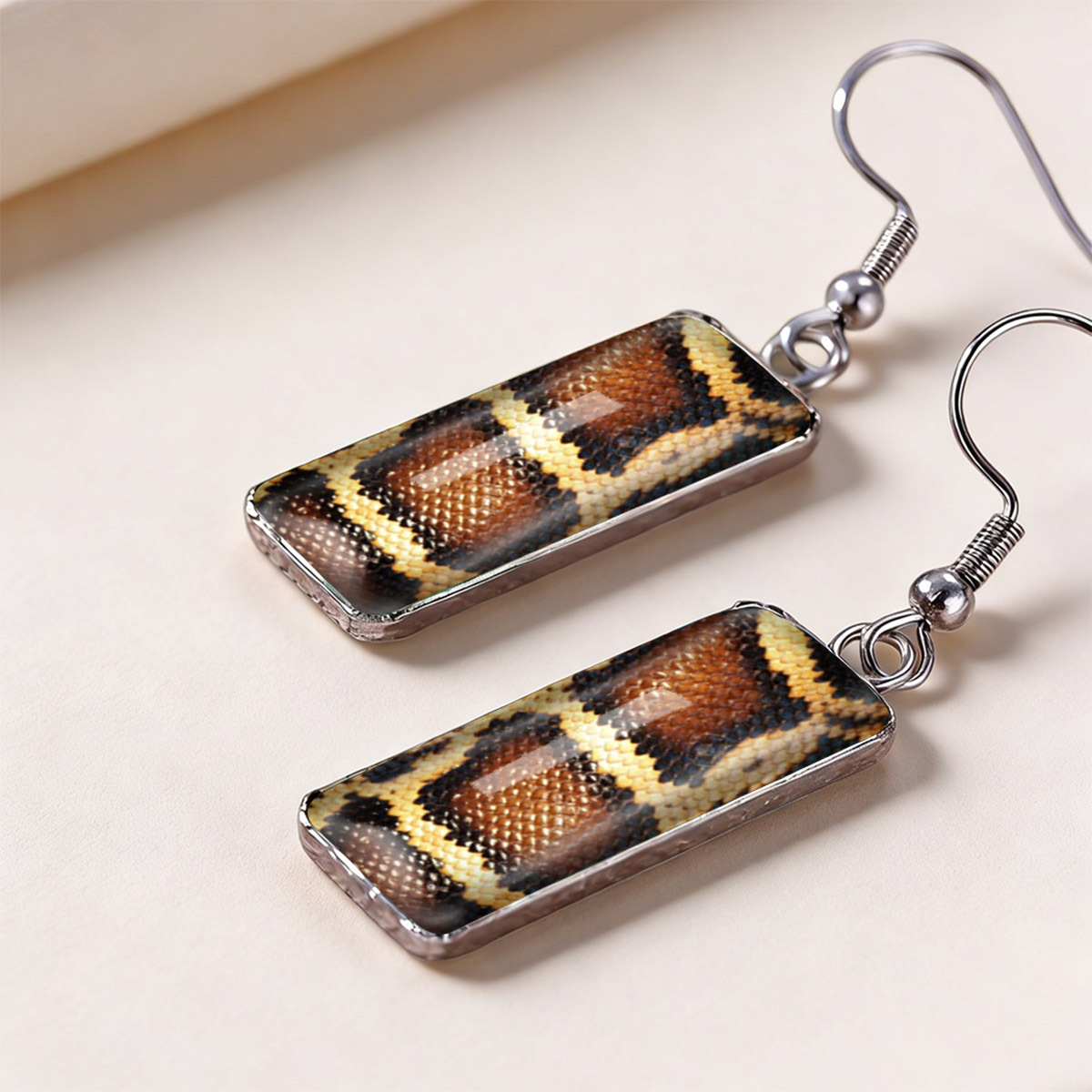 Earth-Toned Snake Skin Texture Rectangular Earrings